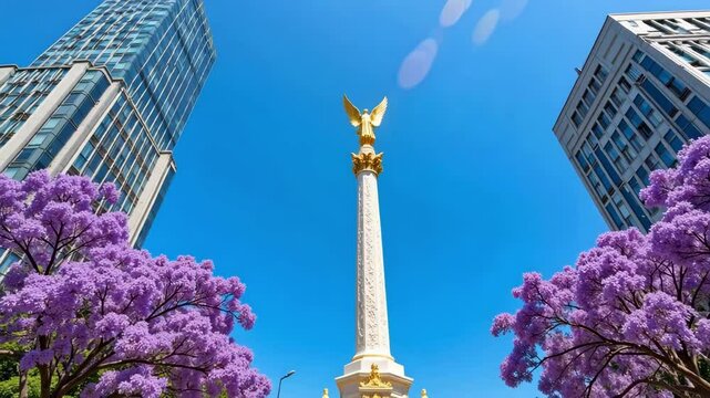 An aerial view captures the Angel of Independence in Cuauhtemoc, Mexico, surrounded by vibrant jacaranda trees and modern skyscrapers under a bright sky.