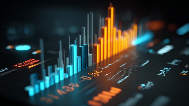 A futuristic financial dashboard displaying a D bar chart with real-time data updates and glowing effects