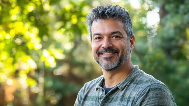 A man with a beard and mustache, wearing a green polo shirt, standing outdoors with a blurred green background.