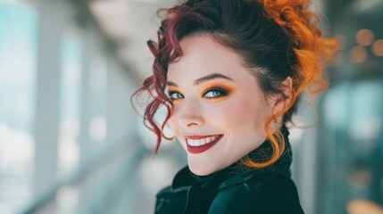 A glamorous woman with perfectly styled hair and bold eye makeup, posing confidently with a bright smile in a well-lit, modern setting.