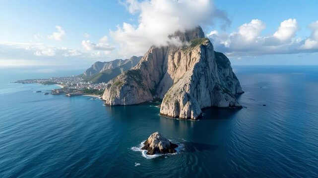 The Rock of Gibraltar majestically rises from the ocean, surrounded by ethereal clouds in this breathtaking aerial view footage captured in stunning 4k.