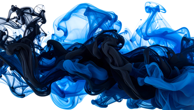 Abstract splash with swirling blue and black ink creates a dynamic fluid design