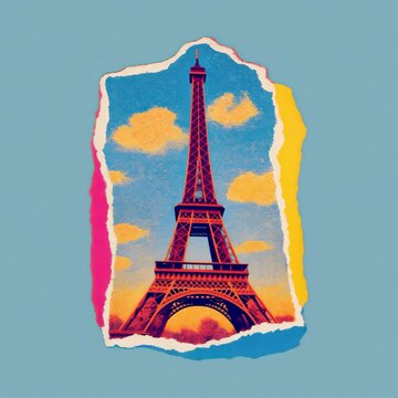 Colorful torn Eiffel Tower collage animation isolated asset, transparent 4K video, alpha channel, ProRes 4444
