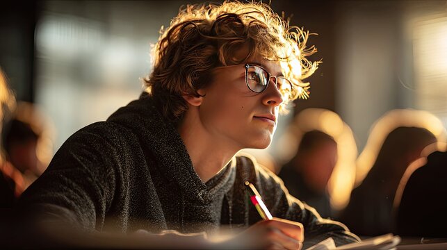 Young male student attentively taking notes in a modern classroom during a lecture