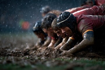Rugby players compete in a muddy match during a rainy day in a local stadium