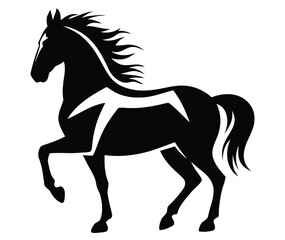 black silhouette of a prancing horse with stylized white markings representing power, elegance, and dynamic motion on a white background