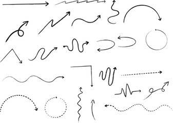 Collection of hand drawn black arrows and decorative lines in various styles on a white background Creative Arrow Motions Minimal Freeform Line Movements

