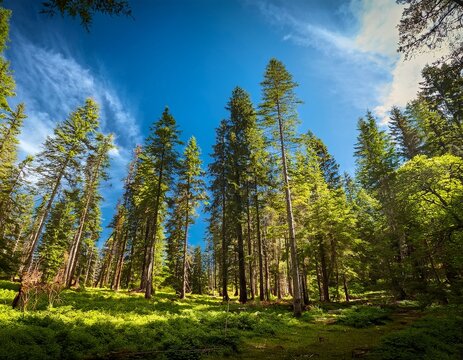 lush forest with tall trees in foreground and bright blue sky background
