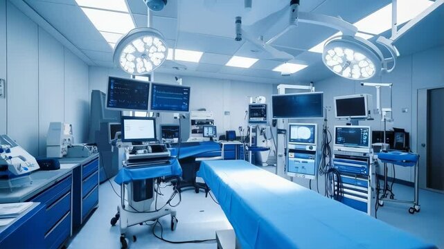 An operating room ready for surgery, equipped with monitors, lights, and equipment in a blue color scheme.