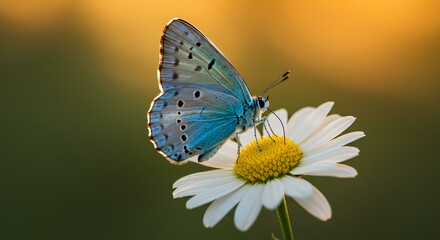 Stunning Blue Butterfly on a Daisy, Golden Hour Light
