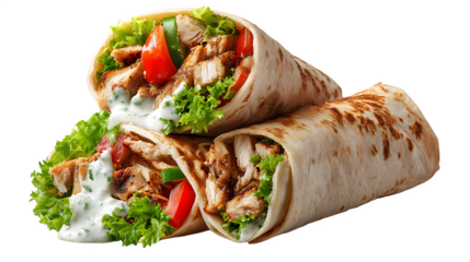 Delicious chicken shawarma wraps are stacked with lettuce, tomatoes, and creamy white sauce, ready to be enjoyed for a quick lunch, transparent background