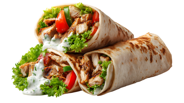 Delicious chicken shawarma wraps are stacked with lettuce, tomatoes, and creamy white sauce, ready to be enjoyed for a quick lunch, transparent background