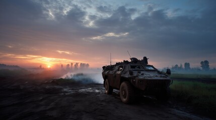 Fototapeta premium Abandoned Tank on Muddy Battlefield Sunrise