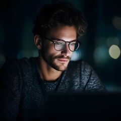 Obraz premium Focused man working on laptop in modern tech office