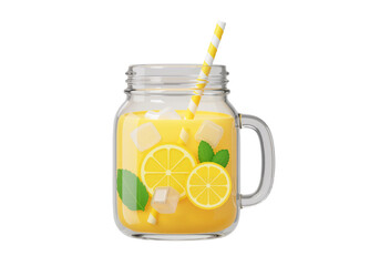 3D lemonade jar with ice cubes and mint on white background, high-resolution refreshing summer drink PNG