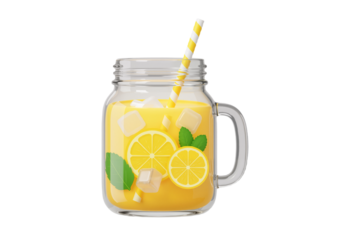 3D lemonade jar with ice cubes and mint on white background, high-resolution refreshing summer drink PNG