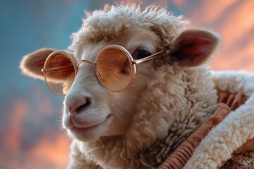 Sheep wearing stylish sunglasses poses against a colorful sunset background in a playful and whimsical manner