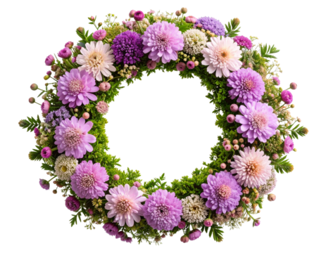 Circular Scabiosa Wreath with Buds and Petals, isolated on a transparent background.