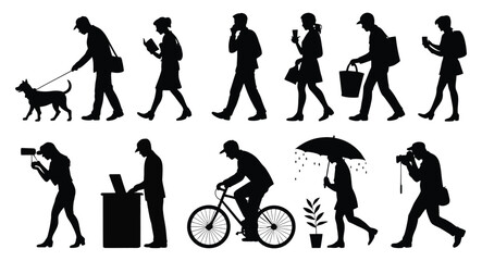 Silhouettes of people performing various daily activities including walking, reading, cycling, and working, depicting urban lifestyle diversity