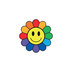 Cute smiling cartoon flower with different petals and a peaceful face on a white background – cheerful floral vector illustration for kids and nursery decor