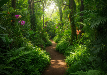 Lush tropical jungle path with vibrant green foliage and sunlight, high-resolution fresh summer nature background