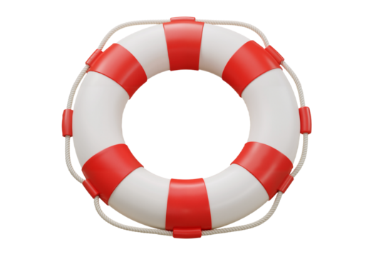 3D red and white lifebuoy ring on white background, high-resolution glossy summer beach safety prop PNG