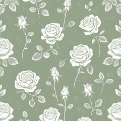 Outline roses seamless repeat pattern. Cottage core, random placed, vector line art flowers all over surface pattern with sage green background Generative AI 