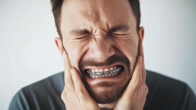 Dental braces causing sharp discomfort for bearded man, gripping face while experiencing intense jaw pain against neutral white background