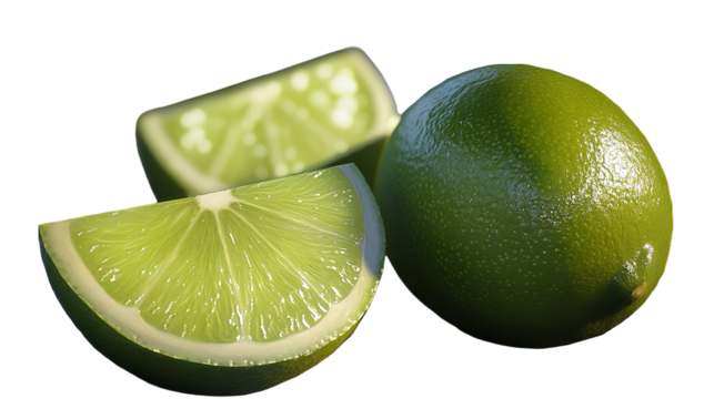 A zesty trio of limes radiates freshness and invigorating flavors on dark backdrop with on transparent background