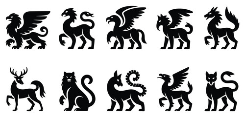 Obraz premium Set of black vector silhouettes of mythical fantasy creatures including griffins, dragons, chimeras, and other legendary beasts