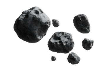 Collection of rough textured asteroids with craters isolated on transparent background