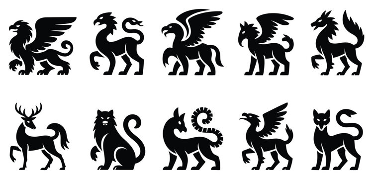 Set of black vector silhouettes of mythical fantasy creatures including griffins, dragons, chimeras, and other legendary beasts