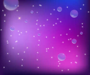 Vibrant purple and blue galaxy with glowing stars and planets
