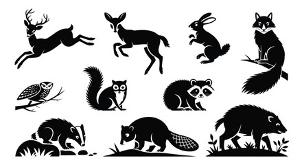 Black and white forest animal silhouettes including deer, rabbit, raccoon, owl, squirrel and more in detailed vector illustration