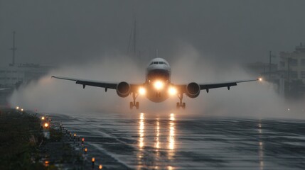 Naklejka premium A plane landing in heavy rain, water spraying as the tires touch the wet runway