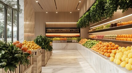 Modern, spacious grocery store with fresh produce displays. Abundant fruits and vegetables arranged attractively on tiered shelving and wooden crates.