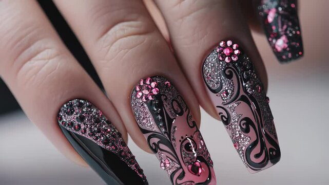 Woman showing her fingernails decorated with pink, black and silver nail polish, rhinestones and floral designs