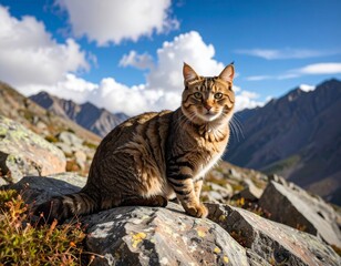 Obraz premium Calico cat wearing sunglasses and hat on rocky trail enjoying nature. Cute kitten in sun protection gear at scenic outdoor park.