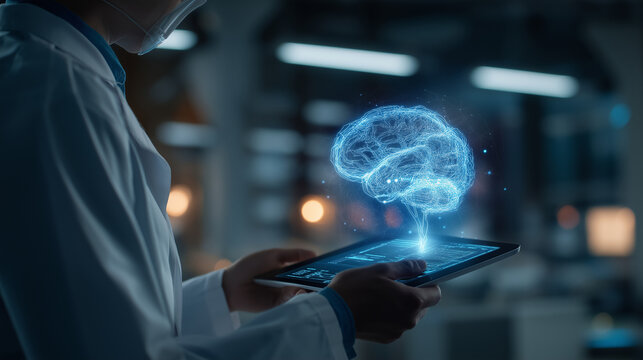 Scientist studying digital brain on tablet in professionally equipped lab setting; ideal for scientific research, neurological studies, technology concepts.