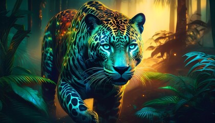 mystical jaguar with tribal markings walking through bioluminescent jungle at dawn fantasy inspired digital artwork