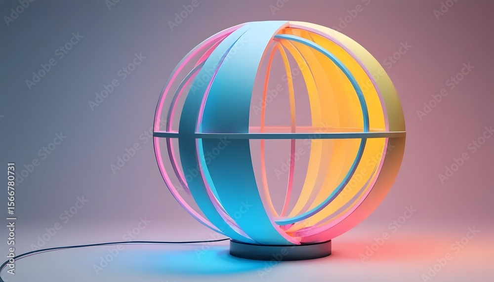 Poster illuminated globe lamp with colorful segments on a gray surface casting vibrant light patterns aroun