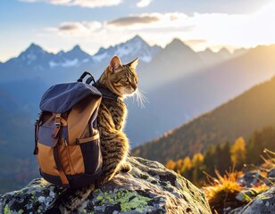 Orange tabby cat wearing green hiking backpack standing on rocky mountain summit overlooking layered mountain ranges during golden hour sunset with dramatic lighting. Ginger feline