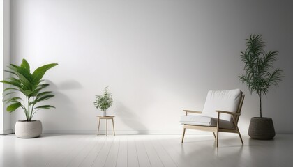 a white room with a chair and a plant the room is empty and has a minimalist feel