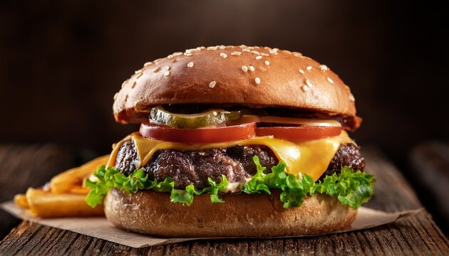 juicy cheeseburger with sesame bun and fresh toppings served on rustic wooden table