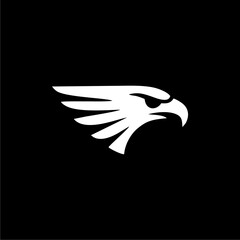 A stylized, white eagle head and wing silhouette against a black background.