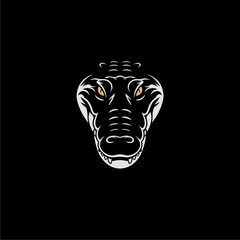 Stylized alligator head with yellow eyes, presented in a white outline against a solid black background.