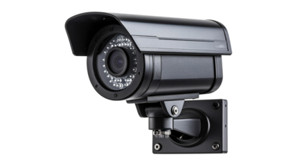 Surveillance camera with infrared LEDs for night vision mounted on wall bracket for security