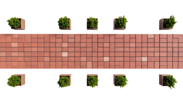 Red brick pathway with green plants in wooden pots arranged on both sides
