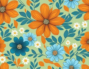 seamless floral pattern of orange and blue flowers on light green background for wallpaper or fabric