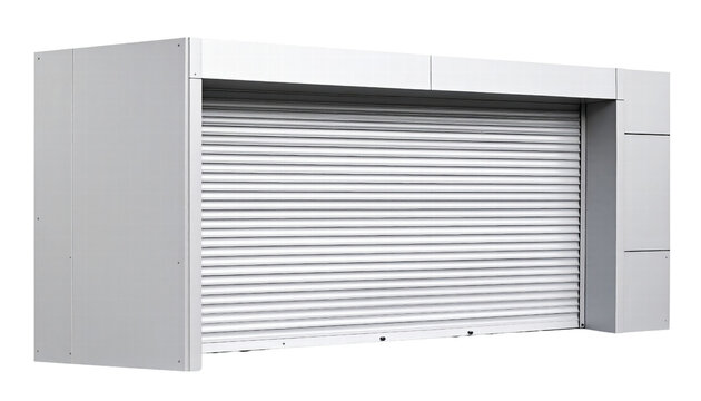 White metal roller shutter door with frame closed garage door industrial exterior security door - Powered by Adobe